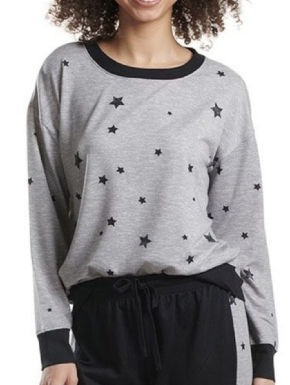 Splendid Light Gray Star Print Long Sleeve Pullover Black Trim Sz Large Soft